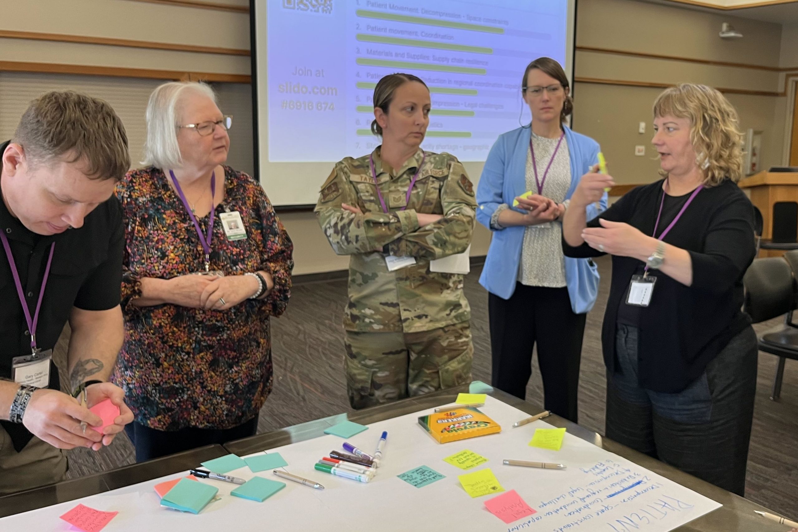 A group of people completes a table top exercise with stickie notes